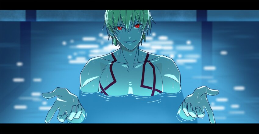 1boy blonde_hair body_markings chainsaw_man cross_akiha earrings fate/grand_order fate/stay_night fate_(series) gilgamesh_(fate) i&#039;ll_teach_you_everything_(chainsaw_man) jewelry light_reflection_(water) male_focus movie_reference open_mouth parody partially_submerged pool red_eyes scene_reference short_hair smile solo topless_male water wet wet_hair