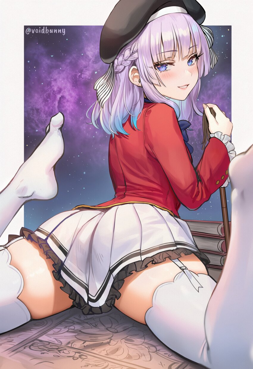 absurdres arched_back blush commentary english_commentary from_behind gradient_hair highres looking_at_viewer looking_back lying multicolored_hair on_stomach parted_lips pleated_skirt sakayanagi_arisu school_uniform skirt smile the_pose thick_thighs thighhighs thighs voidbunny white_thighhighs youkoso_jitsuryoku_shijou_shugi_no_kyoushitsu_e zettai_ryouiki