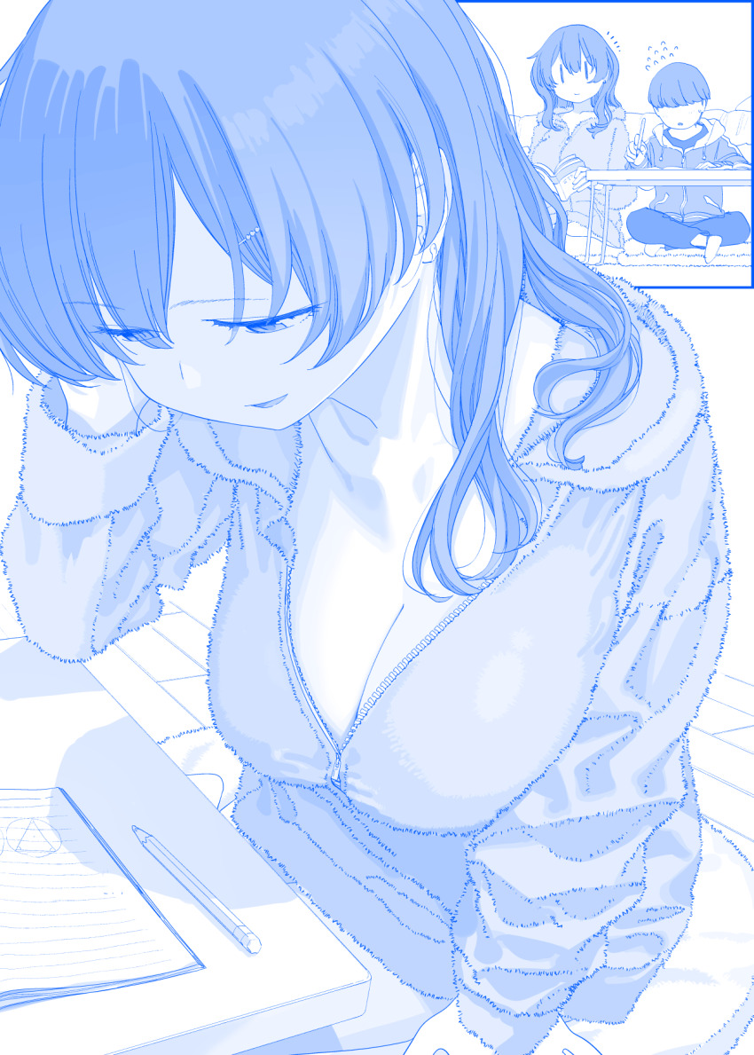 1boy 1girl age_difference blue_theme breasts child cleavage collarbone commentary faceless faceless_male getsuyoubi_no_tawawa hair_ornament hairclip highres himura_kiseki indian_style large_breasts long_sleeves medium_hair monochrome open_mouth pencil sitting smile sweater table tonari-chan_(tawawa) zipper
