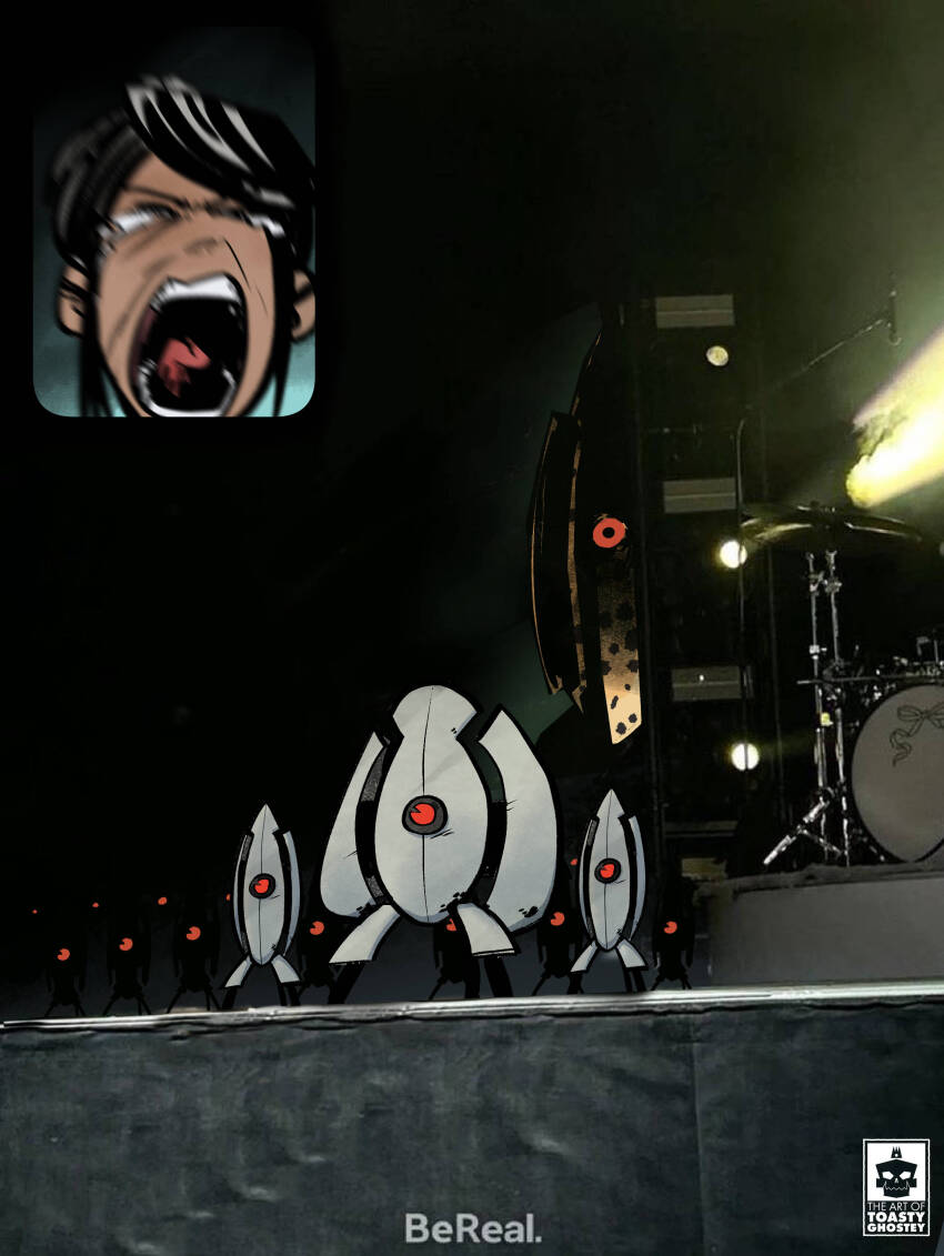 1girl absurdres animal_king_turret artist_logo bereal black_hair chell closed_eyes cymbals drum drum_set fan_screaming_at_madison_beer_(meme) happy_tears highres inset instrument logo meme microphone microphone_stand open_mouth portal portal_(series) portal_2 screaming sentry_turret_(portal) sidelocks solo tears teeth toastyghostey tongue