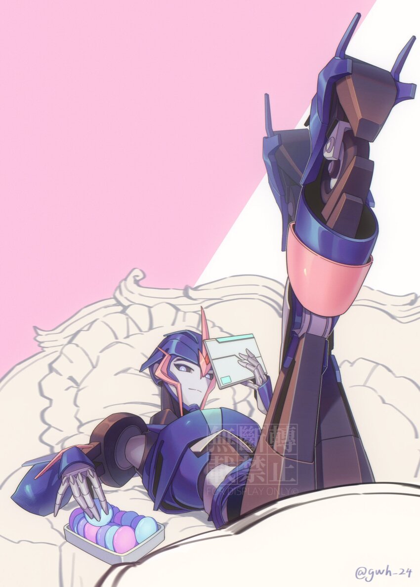 1girl arcee artist_name blue_eyes high_heels highres holding jijing5658 legs_up looking_at_viewer lying on_back on_bed robot simple_background smile tomboy transformers transformers_prime