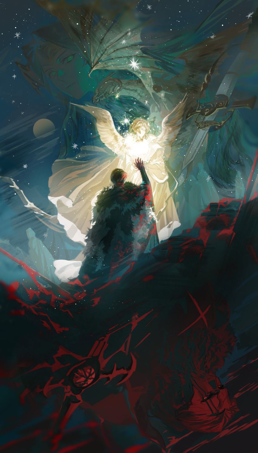 1girl 2boys arm_up from_behind battlefield black_fur blonde_hair blood blue_cape male_byleth_(fire_emblem) cape cloak closed_eyes couple dark_foreground dimitri_alexandre_blaiddyd facial_mark fire_emblem fire_emblem:_three_houses full_moon fur_trim gongzuotianxiadiyi green_eyes green_hair hair_ornament head_wings headpiece highres holding_hands long_coat long_hair male_focus moon multiple_boys nemesis_(fire_emblem) night night_sky nintendo reaching reaching_towards_another rhea_(fire_emblem) semi-transparent sky star_(sky) sword thales_(fire_emblem) tiara translation_request weapon white_eyes white_fur white_wings wings