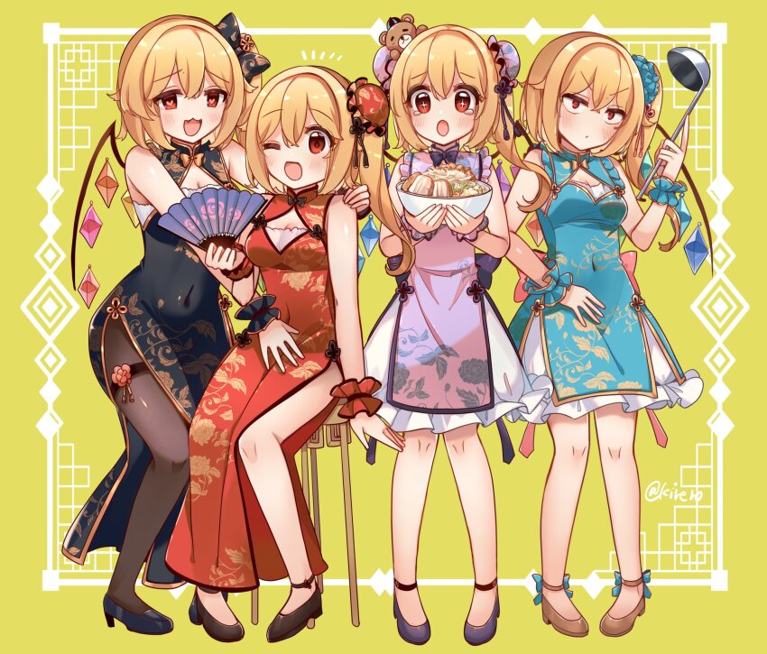 4girls :d :o ;d bear_hair_ornament black_bow black_dress black_pantyhose black_shoes blonde_hair blue_dress bow bowl breasts brown_shoes china_dress chinese_clothes cleavage closed_mouth commentary_request covered_navel double_bun dress flandre_scarlet folding_fan food four_of_a_kind_(touhou) full_body hair_bow hair_bun hair_ornament hand_fan hand_on_another&#039;s_shoulder heart heart-shaped_pupils highres holding holding_bowl holding_fan holding_ladle kirero ladle long_hair looking_at_viewer multiple_girls noodles one_eye_closed open_mouth pantyhose pelvic_curtain pink_dress pout purple_shoes ramen red_dress shoes single_hair_bun sitting sleeveless sleeveless_dress small_breasts smile standing stool symbol-shaped_pupils tearing_up thigh_strap touhou v-shaped_eyebrows wings wrist_cuffs yellow_background