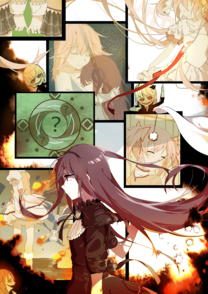 10s 1girl akemi_homura akemi_homura_(black_dress) black_hair bow_(weapon) bubble_skirt burning clara_dolls_(madoka_magica) closed_eyes dress funeral_dress gloves hairband highres homulilly hug kaname_madoka kaname_madoka_(magical_girl) kneehighs long_hair magical_girl mahou_shoujo_madoka_magica mahou_shoujo_madoka_magica:_hangyaku_no_monogatari photo_(object) pink_hair purple_eyes red_eyes ringed_eyes school_uniform sharp_teeth short_hair short_twintails skirt smile socks spoilers teeth twintails two_side_up ultimate_madoka walpurgisnacht_(madoka_magica) weapon white_dress white_gloves white_socks witch_(madoka_magica) zgxuke