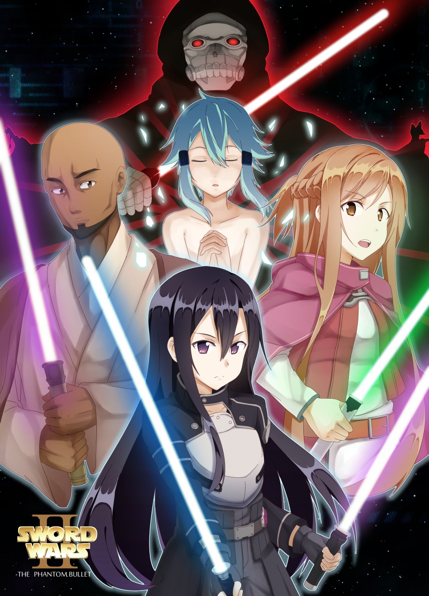.com_(bot_com1) 2boys 2girls absurdres agil asuna_(sao) bad_id bad_pixiv_id blue_lightsaber closed_eyes crossover death_gun dual_wielding energy_sword green_lightsaber highres holding holding_sword holding_weapon kirito kirito_(sao-ggo) lightsaber multiple_boys multiple_girls open_mouth parody purple_lightsaber red_lightsaber sinon star_wars sword sword_art_online weapon