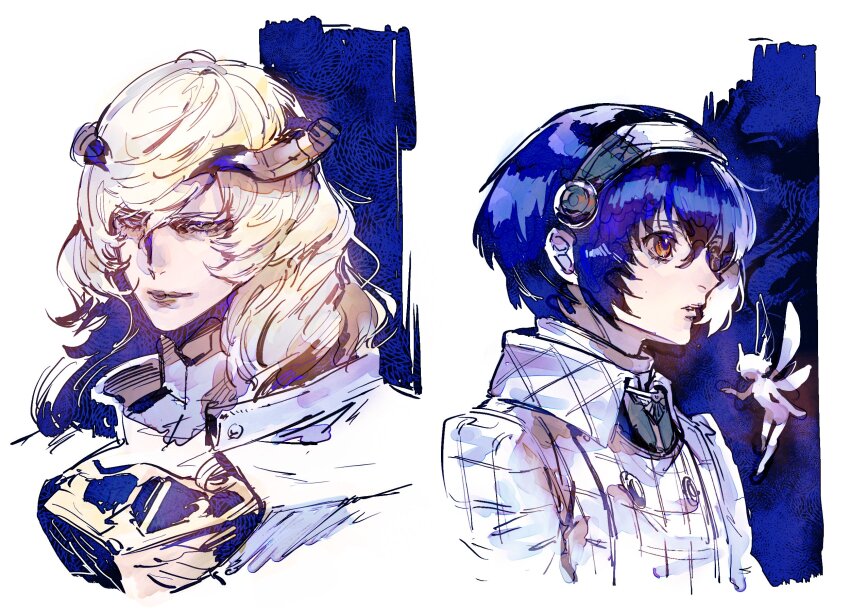 1girl 2boys armor blonde_hair blue_hair breastplate cape closed_mouth coat collared_cape collared_coat commentary_request cropped_torso dark_blue_hair fairy fairy_wings gallica_(metaphor:_refantazio) hair_between_eyes hairband heterochromia highres horns kin_mokusei long_hair looking_ahead louis_(metaphor:_refantazio) male_focus metal_hairband metaphor:_refantazio multiple_boys parted_lips patterned_clothing pointing protagonist_(metaphor:_refantazio) short_hair swept_bangs wavy_hair white_background white_cape white_coat wing_collar wings