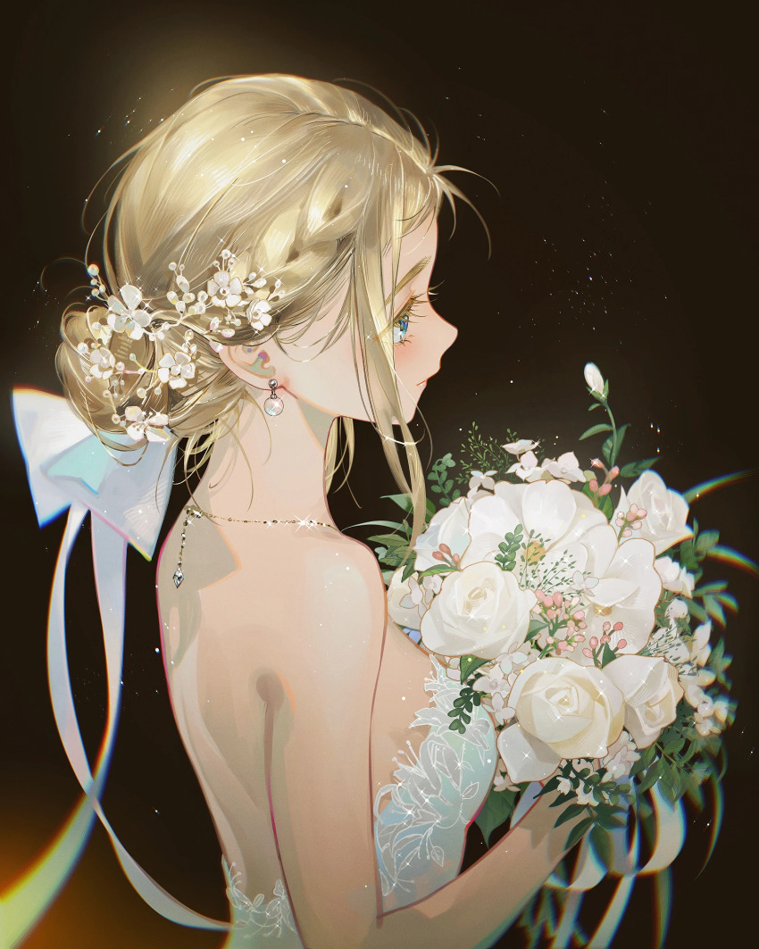 1girl backless_dress backless_outfit bare_shoulders black_background blonde_hair dress earrings flower from_side green_eyes hair_bun highres jewelry kofune_ushio original solo summertime_render tagme tidsean