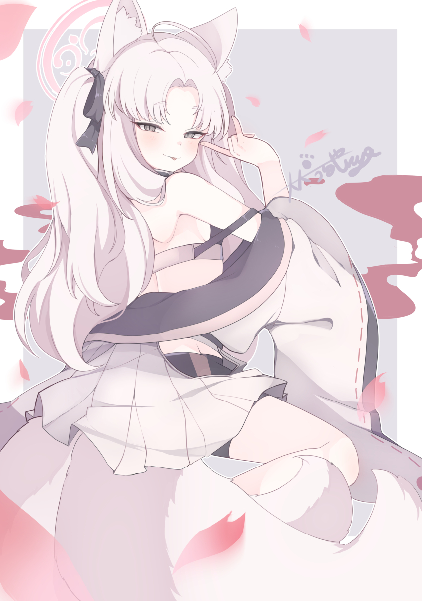 0kami_89zo 1girl :p absurdres ahoge animal_ear_fluff animal_ears backboob bare_shoulders black_bra black_ribbon blue_archive blush border bra breasts closed_mouth commentary fox_ears fox_girl fox_shadow_puppet fox_tail from_behind grey_background grey_eyes grey_hair hair_over_shoulder hair_ribbon halo hand_up highres japanese_clothes kimono kimono_pull kuzunoha_(blue_archive) long_hair long_sleeves looking_at_viewer looking_back miniskirt outside_border parted_bangs paw_print pink_halo pleated_skirt ribbon ribbon-trimmed_sleeves ribbon_trim signature simple_background sitting skirt slit_pupils small_breasts smile solo tail thick_eyebrows tongue tongue_out tsurime underwear white_border white_kimono white_skirt wide_sleeves