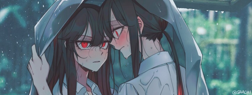 1boy 1girl black_hair blurry blurry_background blush brother_and_sister center-flap_bangs closed_mouth collared_shirt commentary_request contemporary covering_head fate/grand_order fate_(series) forehead-to-forehead hair_between_eyes hand_up heads_together hetero improvised_umbrella incest jacket_over_head korean_commentary lone_nape_hair long_hair looking_at_another looking_up low_ponytail nape oda_nobukatsu_(fate) oda_nobunaga_(fate) outdoors parted_lips ponytail rain raised_eyebrows red_eyes sempon_(doppio_note) shirt siblings sidelocks twitter_username v-shaped_eyebrows wet wet_clothes wet_face wet_hair white_shirt wide-eyed