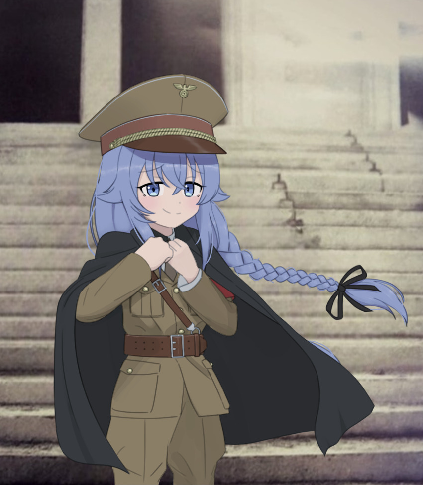 1girl armband belt black_cat03 blue_eyes blue_hair braid brown_belt brown_jacket brown_pants closed_mouth hat highres jacket long_hair looking_at_viewer military_hat military_jacket military_uniform mushoku_tensei nazi outdoors pants peaked_cap photo-referenced photo_background red_armband reichsadler roxy_migurdia shoulder_belt smirk solo stairs twin_braids