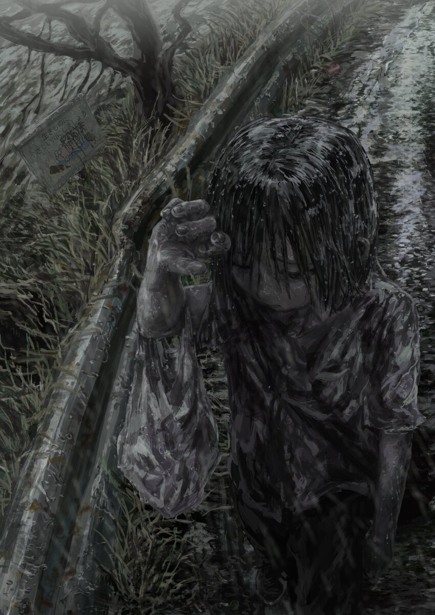 1boy absurdres bag black_eyes black_hair black_pants black_shoes dirt dirt_road fence highres looking_down original otkaresama pants plastic_bag road road_sign shirt shoes sign wet wet_clothes wet_hair wet_shirt