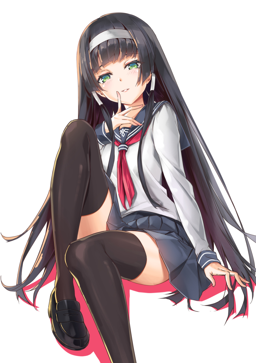 1girl bishoujo_mangekyou bishoujo_mangekyou:_kotowari_to_meikyuu_no_shoujo bishoujo_mangekyou_(series) bitterpain black_hair black_shoes black_thighhighs blue_sailor_collar blunt_bangs blush collared_shirt green_eyes grey_skirt hair_tubes hairband highres loafers long_hair looking_at_viewer miniskirt neckerchief parted_lips pleated_skirt red_neckerchief renge_(bishoujo_mangekyou) sailor_collar sailor_shirt school_uniform serafuku shirt shoes simple_background sitting skirt solo thighhighs very_long_hair white_background white_hairband white_shirt zettai_ryouiki