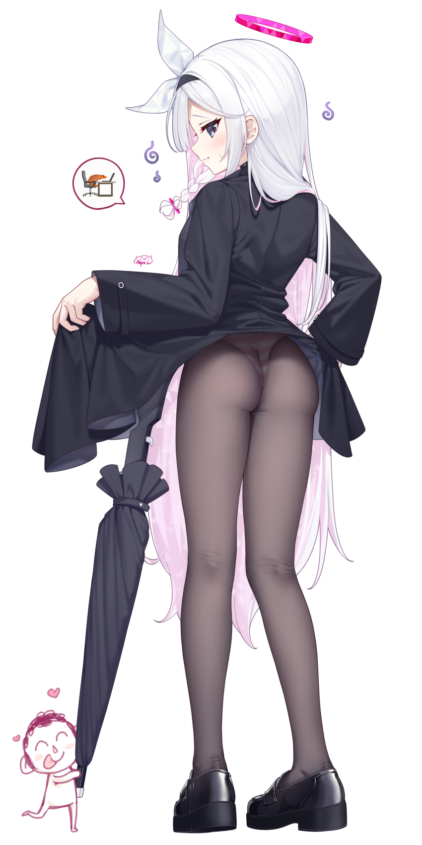 1boy 1girl absurdres ass bag black_footwear blue_archive blush chibi closed_mouth clothes_lift coat_lift doodle_sensei_(blue_archive) from_behind full_body grey_eyes halo heart highres holding lifting_own_clothes long_hair long_sleeves looking_at_viewer looking_back neps-l no_pants panties panties_under_pantyhose pantyhose pink_panties plana_(blue_archive) sensei_(blue_archive) shoes shrimp sideways_glance simple_background standing striped_clothes striped_panties umbrella underwear very_long_hair white_background white_hair
