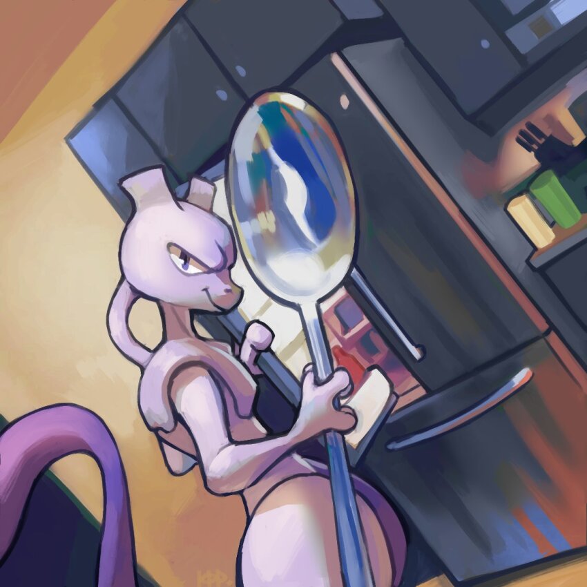 cabinet closed_mouth comically_large_spoon_(meme) commentary counter dutch_angle english_commentary gen_1_pokemon holding holding_spoon indoors ketrindarkdragon kitchen legendary_pokemon looking_at_viewer looking_back meme mewtwo nintendo no_humans oversized_object pokemon pokemon_(creature) purple_eyes refrigerator smile solo spoon standing tail