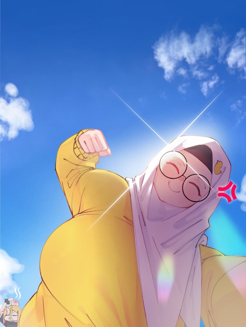 2girls alv4febrian anger_vein ayuu_(alv4febrian) blue_sky closed_eyes cloud day glasses highres hijab incoming_attack incoming_punch looking_at_viewer multiple_girls onie_(alv4febrian) original outdoors punching round_eyewear sky solo_focus sweater white_hijab yellow_sweater