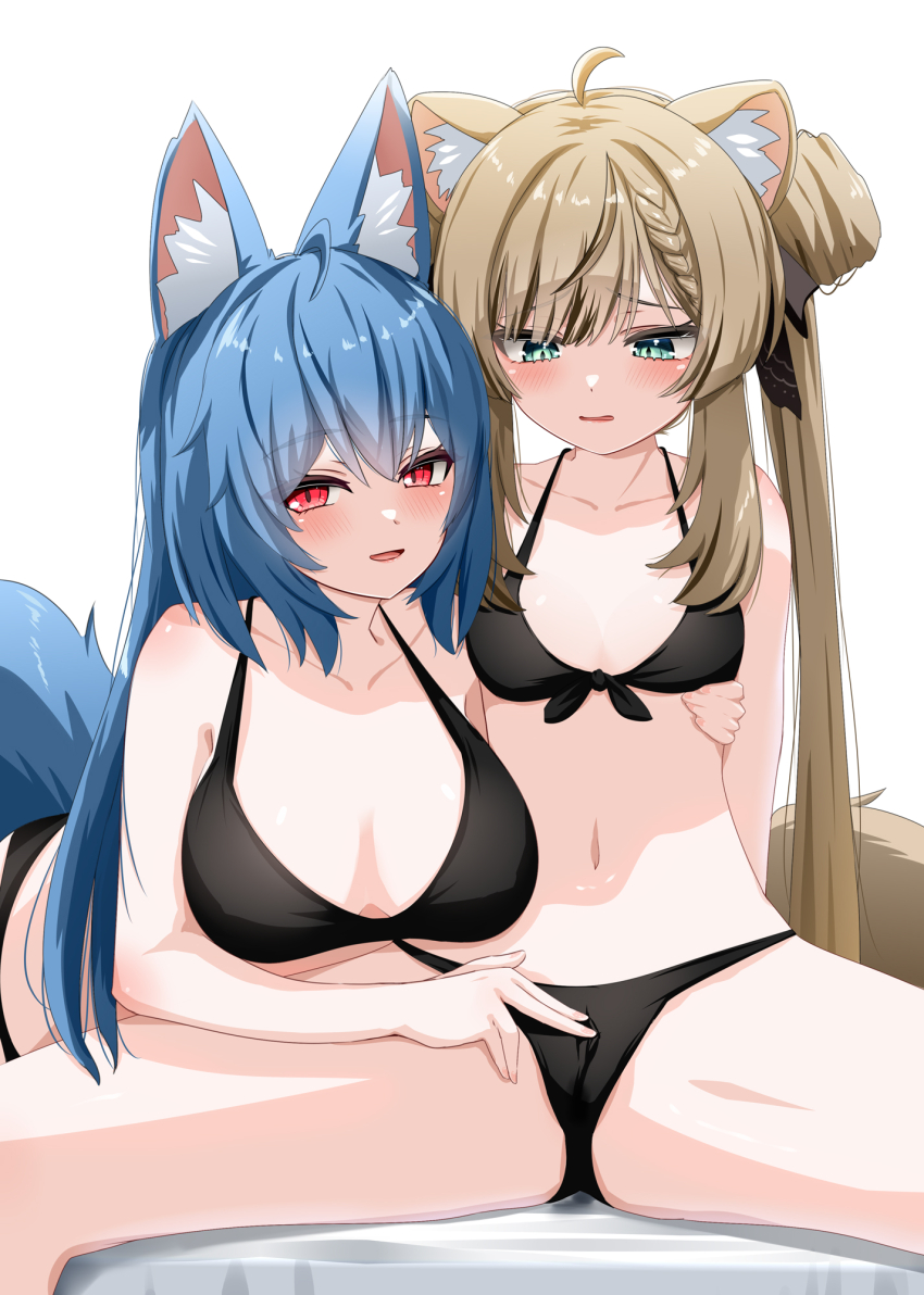 2girls :d ahoge animal_ear_fluff animal_ears aqua_eyes arm_around_waist bare_arms bare_shoulders bikini black_bikini black_ribbon blonde_hair blue_hair blush braid braided_bangs braided_bun breasts brown_hair cameltoe cat_ears cat_girl cleavage collarbone double_bun fingering fingering_through_clothes fox_ears fox_girl fox_tail front-tie_bikini_top front-tie_top hair_between_eyes hair_bun hair_ribbon halterneck hand_on_another&#039;s_stomach hand_on_another&#039;s_thigh hand_on_another&#039;s_waist highres imeris_(vrchat) large_breasts leaning_forward long_hair looking_at_another looking_at_viewer looking_down manuka_(vrchat) medium_breasts multiple_girls navel open_mouth parted_lips red_eyes ribbon sidelocks simple_background single_hair_bun sitting small_breasts smile spread_legs spread_pussy spread_pussy_under_clothes stomach suzuki-shi swimsuit tail thighs through_clothes twintails very_long_hair vrchat white_background yuri