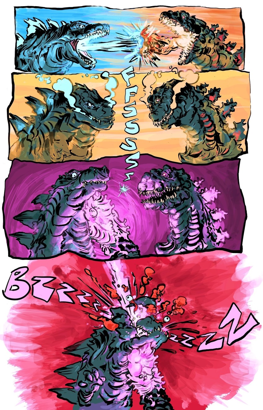 bill_couture blood breath_weapon death dinosaur energy energy_beam energy_clash giant giant_monster glowing godzilla godzilla_(2014) godzilla_(series) godzilla_(shin) highres kaiju legendary_pictures monster monsterverse mouth_beam multiple_heads night no_humans plasma plasma_beam sharp_teeth shin_godzilla smoke tail tail_beam tail_head teeth toho