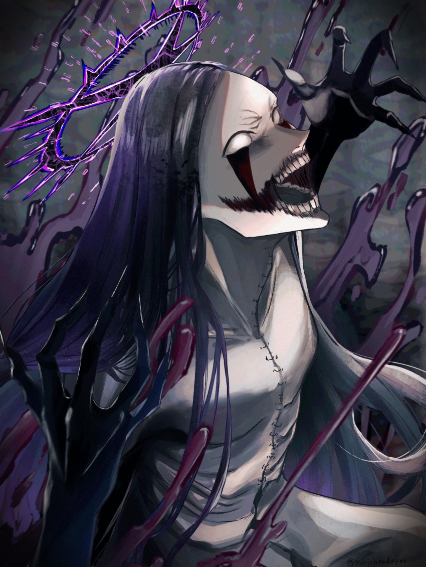 1boy as_nodt bleach bleach:_sennen_kessen-hen blood blood_splatter commentary_request highres horror_(theme) long_hair male_focus open_hands open_mouth osirichandayoo quincy_(bleach) solo stitches vollstandig wandenreich