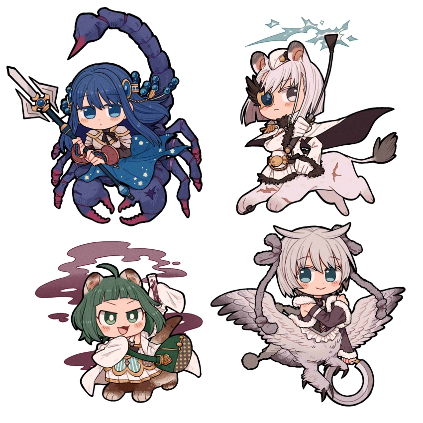 4girls :3 :d ahoge animal_ears aqua_eyes armor arthropod_girl azusa_mifuyu beads belt beret bird_girl black_belt black_capelet black_choker black_shirt blue_dress blue_eyes blue_gemstone blue_hair blunt_bangs blunt_ends blush breastplate bridal_gauntlets cantaurus capelet chakram choker closed_mouth coat coattails colored_eyelashes cross-laced_clothes detached_sleeves dot_nose dress epaulettes expressionless frilled_skirt frills fur-trimmed_dress fur-trimmed_sleeves fur_trim garrison_cap gem green_dress green_eyes green_hair grey_coat grey_hair grey_ribbon grey_sleeves hair_horns hair_ribbon halberd hamster_ears hamster_girl hat headdress highres holding holding_weapon hood hood_down hooded_coat izumi_kanagi lion_ears lion_girl long_hair long_sleeves looking_at_object looking_at_viewer magia_record:_mahou_shoujo_madoka_magica_gaiden magical_girl mahou_shoujo_madoka_magica mini_hat miyako_hinano monocle monster_girl multiple_girls nanami_yachiyo opaque_monocle open_mouth owl_girl pendant_choker pleated_dress polearm print_dress ribbon riding_crop scar scorpion scorpion_girl serious shirt short_bangs sidelocks simple_background skirt smile swept_bangs tail taur turtleneck two-sided_capelet two-sided_fabric v-shaped_eyes very_long_sleeves vial weapon white_armor white_background white_capelet white_dress white_hair white_headwear white_skirt