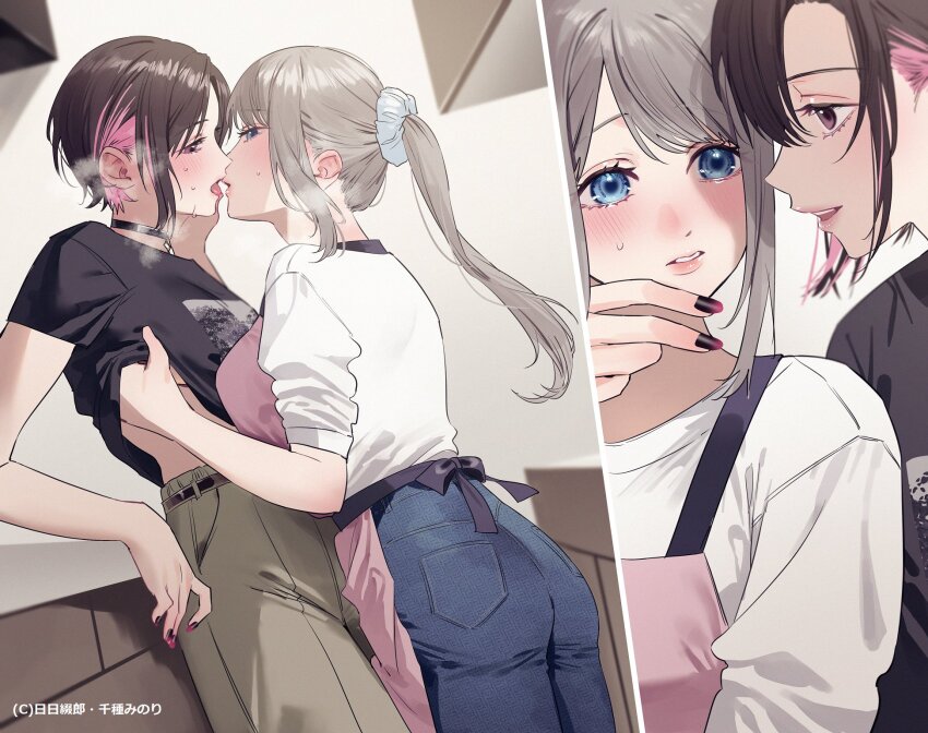 2girls black_choker black_hair black_nails black_shirt blue_eyes blue_pants blue_scrunchie blush brown_pants chigusa_minori choker commentary_request grey_hair hair_ornament hair_scrunchie hand_under_clothes highres long_hair multiple_girls nail_polish official_art open_mouth pants pink_hair purple_nails saotome_shino_(shino_to_ren) scrunchie shino_to_ren shirayuki_ren shirt short_hair sidelocks sweatdrop white_shirt yuri