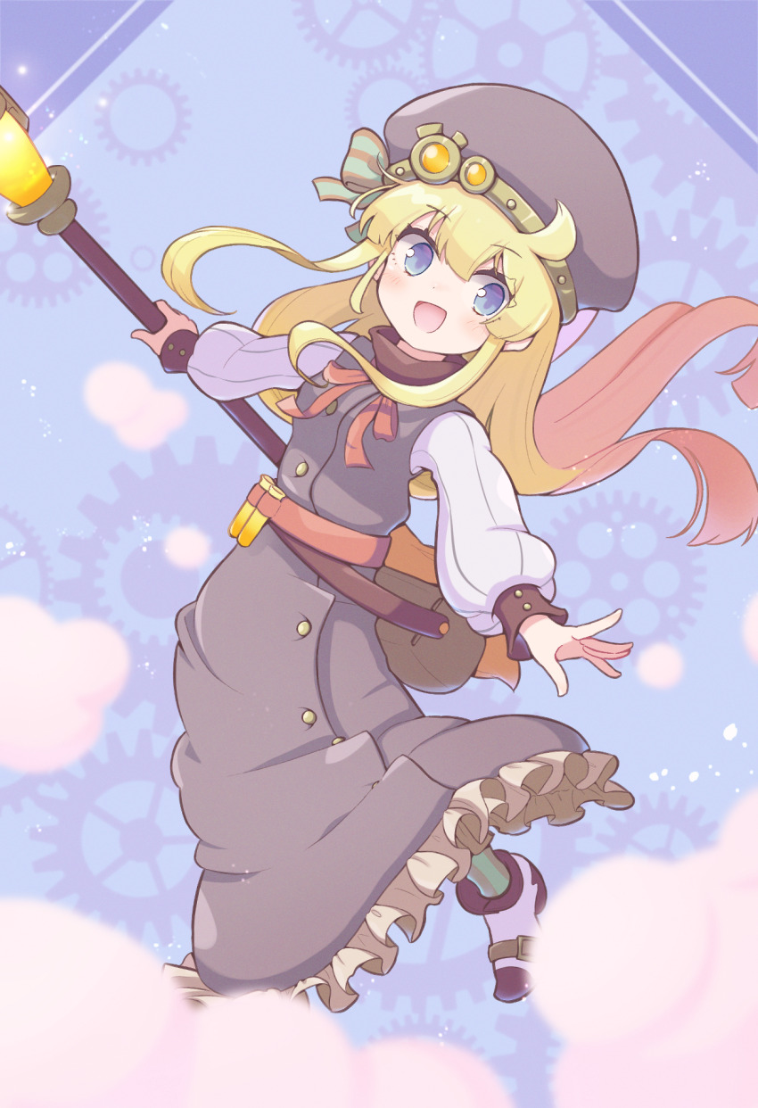 1girl :d ahoge arm_at_side belt beret blonde_hair blue_background blue_eyes bow breasts buttons dot_nose double-parted_bangs dress dress_shoes floating_hair frilled_dress frills fur-trimmed_footwear fur_trim gear_background gears green_bow green_socks grey_bow grey_dress grey_hat grey_socks hand_up happy hat hat_bow high_collar highres holding holding_polearm holding_weapon jazz_grace leaning_to_the_side light_blush long_dress long_hair long_sidelocks long_sleeves looking_to_the_side neck_ribbon official_alternate_costume open_mouth outstretched_arms polearm puffy_long_sleeves puffy_sleeves puyopuyo puyopuyo_quest red_belt red_ribbon ribbon sidelocks sideways_glance sleeve_cuffs small_breasts smile smoke socks solo split_mouth steampunk striped_bow striped_clothes striped_socks two-tone_socks vertical-striped_clothes vertical-striped_socks very_long_hair waist_bag weapon white_footwear white_sleeves witch_(puyopuyo) witch_(steam_city)_(puyopuyo)