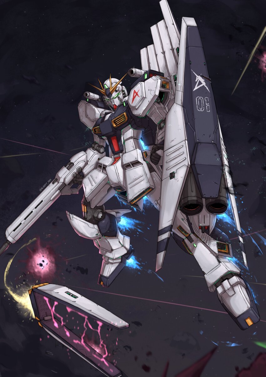 absurdres albert_rbk arm_shield beam_rifle char&#039;s_counterattack clenched_hand commentary debris energy_gun english_commentary exhaust explosion eye_trail fin_funnels funnels_(gundam) glowing glowing_eye green_eyes gun gundam gundam_msv highres holding holding_gun holding_weapon insignia light_trail mecha mobile_suit no_humans nu_gundam nu_gundam_hws robot science_fiction shield shoulder_cannon solo space star_(sky) thrusters twitter_username v-fin weapon