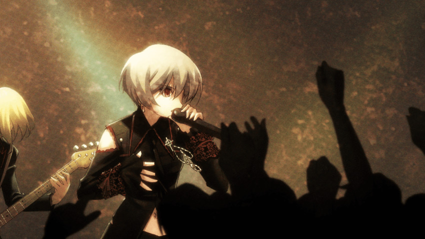 1boy 1girl bare_shoulders bass_guitar black_dress black_jacket black_necktie blue_hair breasts celtic_cross chaos;head chaos;head_love_chu_chu! clothing_cutout collar concert corset cross detached_sleeves dress earrings eyeshadow fingernails frilled_collar frilled_corset frilled_sleeves frills game_cg goth_fashion gothic_punk hair_between_eyes holding holding_bass_guitar holding_instrument holding_microphone instrument jacket jewelry kishimoto_ayase lace-trimmed_wrist_cuffs lace_trim lapels long_sleeves looking_to_the_side makeup matsuo_yukihiro microphone midriff music navel necktie official_art open_mouth peaked_lapels phantasm playing_bass_guitar playing_instrument purple_eyes red_trim short_hair shoulder_cutout singing small_breasts stomach_cutout wrist_cuffs