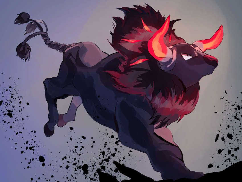 animal_focus black_fur bull closed_mouth fusenryo grey_background hashtag-only_commentary horns multiple_tails nintendo no_humans paldean_tauros paldean_tauros_(blaze_breed) pokemon pokemon_(creature) solo tail