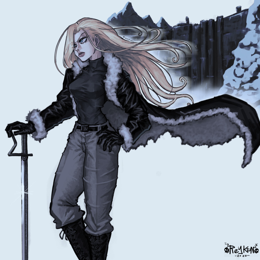 1girl 2024 black_coat black_gloves blonde_hair blue_eyes boots breasts brown_lips coat commentary fortress fullmetal_alchemist fur-trimmed_coat fur_trim gloves grey_pants hair_over_one_eye hand_on_own_hip head_tilt highres knee_boots long_hair medium_breasts olivier_mira_armstrong pants reykun signature solo sword turtleneck weapon