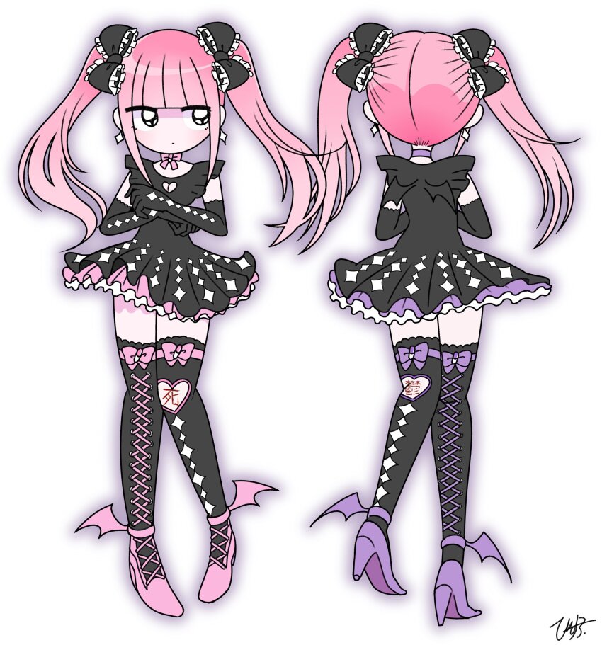 1girl black_bow black_dress black_eyes black_gloves blunt_bangs bow bow_choker choker closed_mouth dress earrings elbow_gloves ezaki_bisuko frilled_bow frilled_dress frills from_behind gloves high_heels highres jewelry jitome light_blush long_hair looking_to_the_side menhera-chan_(ezaki_bisuko) menhera-chan_(ezaki_bisuko)_(character) multiple_views outer_glow purple_choker sidelocks signature simple_background solo thighhighs twintails white_background