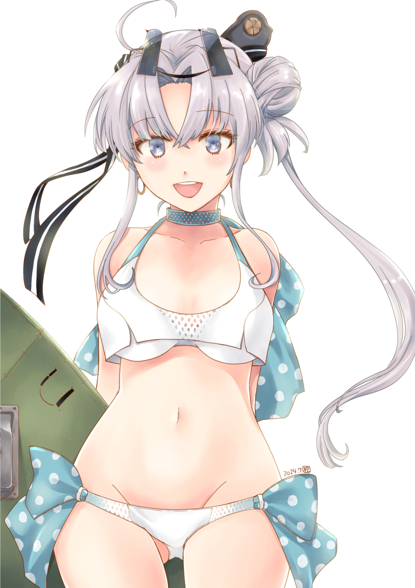 1girl absurdres ahoge aircraft airplane akitsushima_(kancolle) akitsushima_(swimsuit)_(kancolle) bikini breasts earrings eyewear_on_head floating_earrings flying_boat frilled_bracelet grey_hair h8k hair_bun highres jewelry kantai_collection long_hair matsuura@parao medium_breasts nishikitaitei-chan open_mouth polka_dot purple_eyes purple_hair seaplane side_ponytail simple_background smile solo swimsuit white_bikini