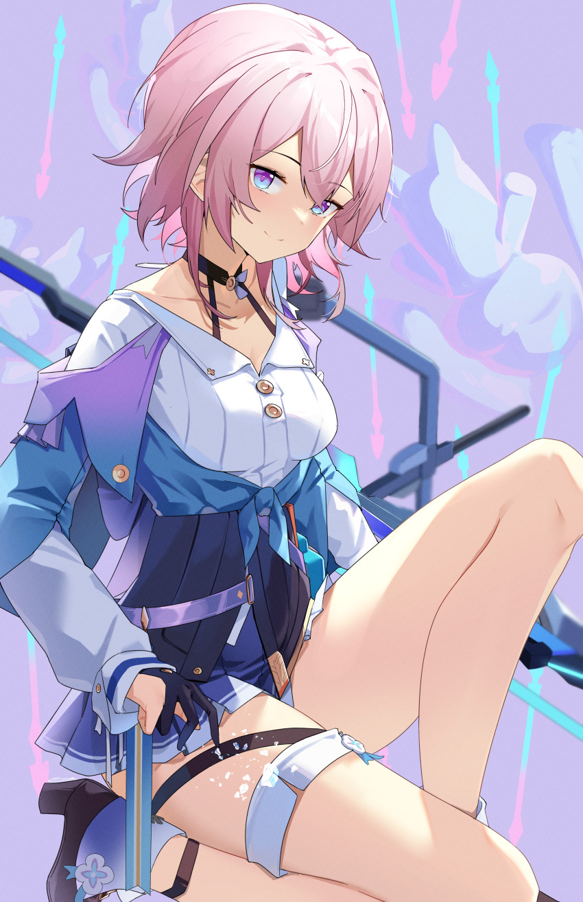 1girl absurdres ankle_boots archery_shooting_glove bare_legs black_boots black_choker black_corset black_gloves blue_eyes blue_jacket blue_skirt boots bow_(weapon) breasts buttons chinese_commentary choker closed_mouth collarbone commentary corset flower_ornament full_body gloves high_heel_boots high_heels highres holding holding_bow_(weapon) holding_weapon honkai:_star_rail honkai_(series) jacket knee_up long_sleeves looking_at_viewer march_7th_(honkai:_star_rail) march_7th_(preservation)_(honkai:_star_rail) medium_breasts medium_hair miniskirt mixed-language_commentary multicolored_eyes on_one_knee partially_fingerless_gloves pink_hair pleated_skirt purple_eyes shirt single_glove skirt smile solo steeb thigh_strap thighs tied_jacket two-tone_eyes weapon white_shirt