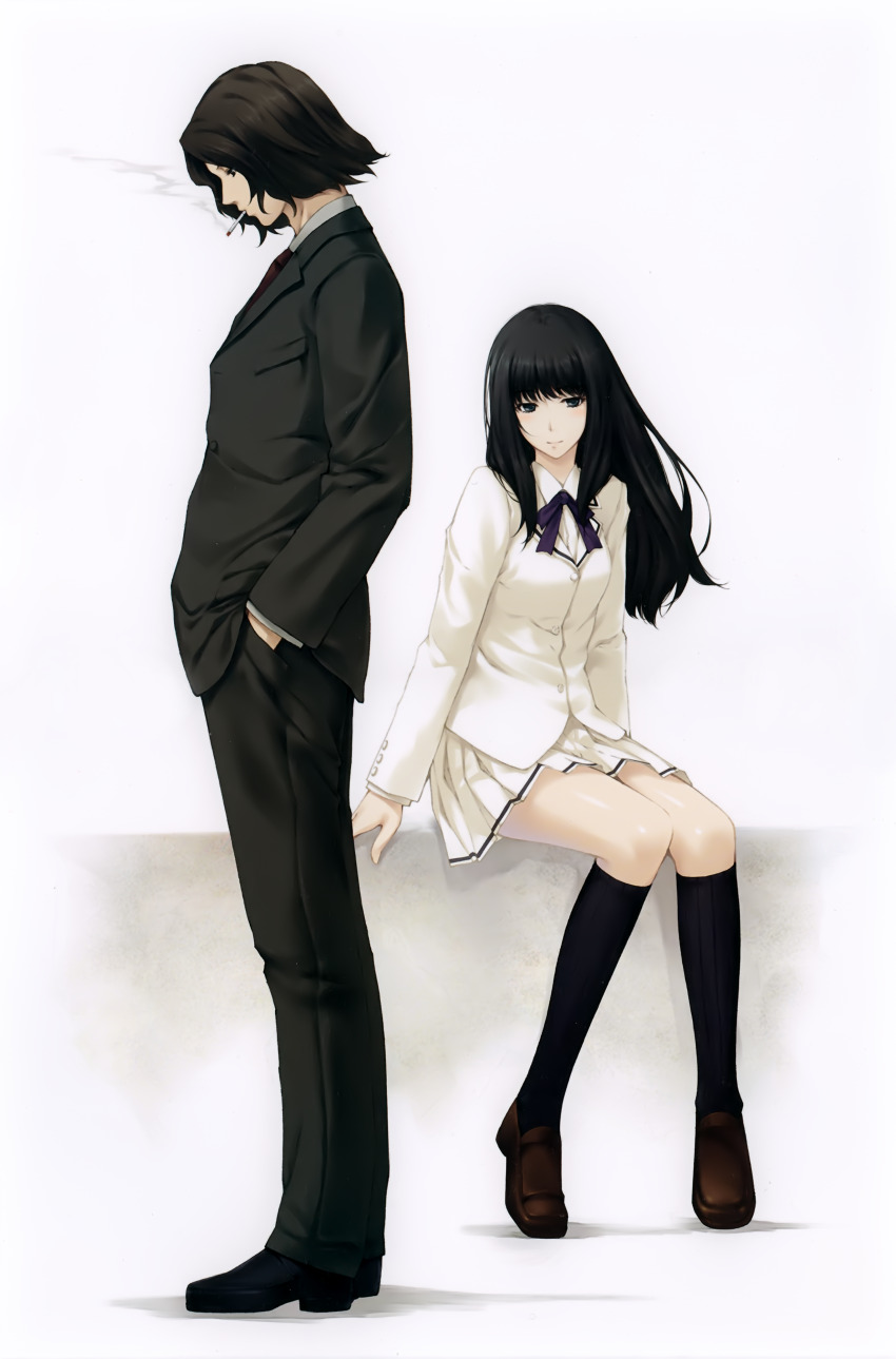 1boy 1girl absurdres black_eyes black_hair black_socks black_suit blazer blue_eyes blush buttoned_cuffs buttons cigarette formal_clothes highres innocent_grey jacket kara_no_shoujo kneehighs kuchiki_touko loafers long_hair looking_at_viewer looking_down neckerchief official_art pleated_skirt scan school_uniform shoes short_hair simple_background sitting skirt smoke smoking socks standing sugina_miki suit tokisaka_reiji