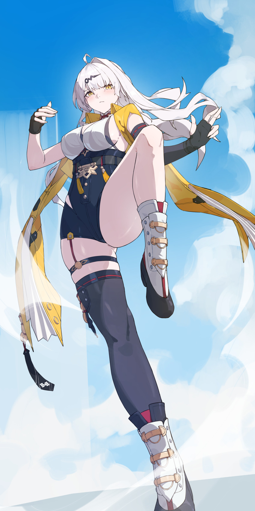 1girl absurdres black_gloves breasts gloves high-waist_shorts highres honey_boba long_hair shoes shorts sideboob single_thighhigh solo standing standing_on_one_leg thighhighs vest white_hair yellow_eyes yellow_vest yi_xuan_(zenless_zone_zero) zenless_zone_zero