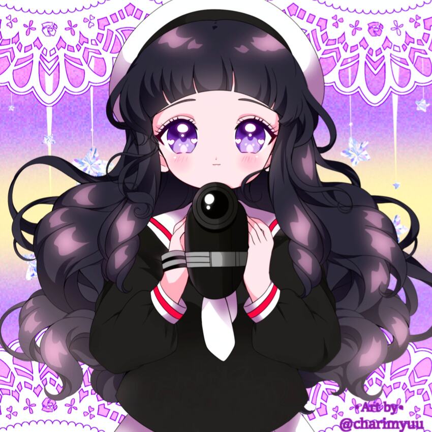 1girl artist_name bad_id bad_twitter_id beret black_hair black_shirt blunt_bangs camcorder camera cardcaptor_sakura child closed_mouth commentary cowboy_shot daidouji_tomoyo diamond_(gemstone) dot_nose english_commentary eyelashes film_grain gradient_background happy hat heart heart_in_eye highres holding holding_camera honeymoonpetal lace_background light_blush light_particles light_smile long_hair long_sleeves looking_at_viewer neckerchief puffy_long_sleeves puffy_sleeves purple_background purple_eyes sailor_collar school_uniform serafuku shirt sidelocks skirt solo standing star-shaped_gem straight-on symbol_in_eye tareme tomoeda_elementary_school_uniform very_long_hair video_camera watermark wavy_hair white_hat white_neckerchief white_sailor_collar white_skirt yellow_background