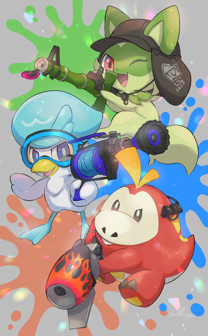 ;d absurdres animal_focus artist_name bamboozler_14_(splatoon) baseball_cap black_headwear blue_eyes brown_eyes commentary earpiece fang fuecoco goggles grey_background gun h-3_nozzlenose_(splatoon) hat highres holding holding_gun holding_weapon looking_at_viewer nintendo no_humans nullma one_eye_closed open_mouth paint paint_splatter pokemon pokemon_(creature) quaxly range_blaster_(splatoon) red_eyes signature smile splatoon_(series) splatoon_3 sprigatito starter_pokemon_trio v-shaped_eyes weapon