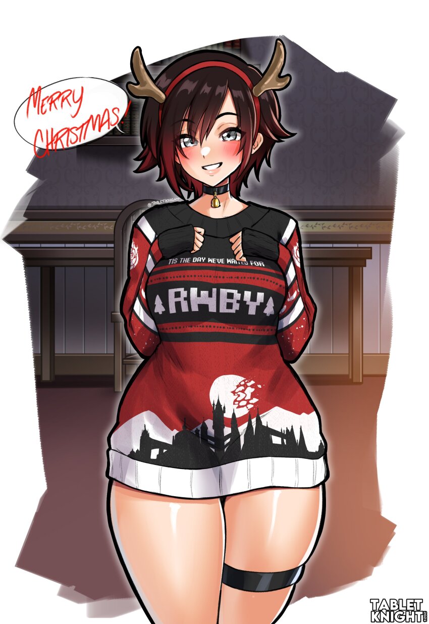 1girl absurdres antlers black_hair breasts english_text fake_antlers gradient_hair grey_eyes hairband highres horns large_breasts long_sleeves looking_at_viewer made_in_2024 merry_christmas multicolored_hair print_sweater red_hair red_hairband reindeer_antlers ruby_rose rwby short_hair solo speech_bubble standing sweater tabletknight thigh_strap