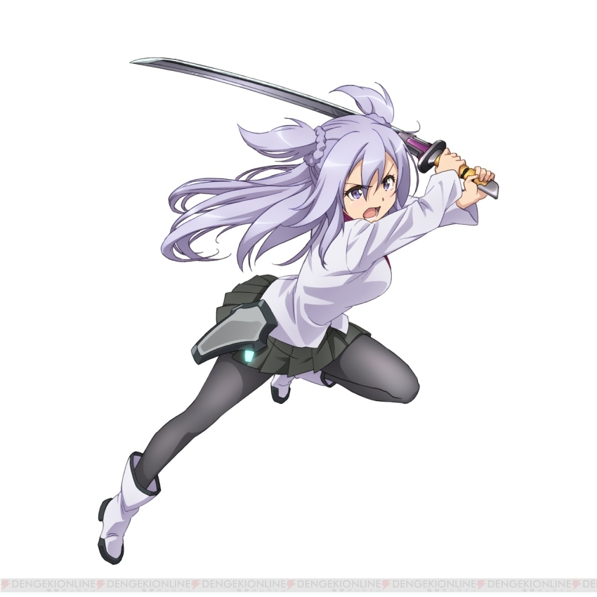 10s 1girl black_pantyhose black_skirt blush boots bow bowtie braid breasts dengeki eyebrows female_focus full_body gakusen_toshi_asterisk gradient_background gradient_hair highres holding holding_sword holding_weapon kawakami_tetsuya leaning_to_the_side leg_up light_purple_hair long_hair long_sleeves looking_at_viewer medium_breasts multicolored_hair pantyhose petals purple_eyes school_uniform sheath silver_hair skirt solo standing standing_on_one_leg sword toudou_kirin two_side_up weapon wide_sleeves