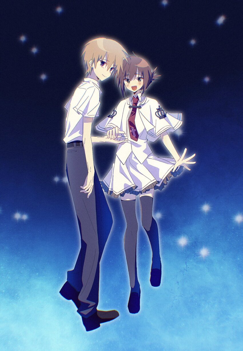 1boy 1girl :d black_pants black_thighhighs blush brown_hair capelet closed_mouth collared_shirt commentary couple film_grain folded_ponytail frilled_skirt frills from_behind full_body green_eyes hair_between_eyes happy hashtag-only_commentary hetero highres holding_hands light_brown_hair looking_at_viewer looking_back mamiya_takuji medium_hair midair miniskirt necktie night open_mouth outdoors outstretched_hand pants pleated_skirt purple_eyes red_necktie shirt short_hair short_sleeves skirt smile standing subarashiki_hibi szhr_chise tachibana_kimika tears thighhighs white_capelet white_shirt zettai_ryouiki