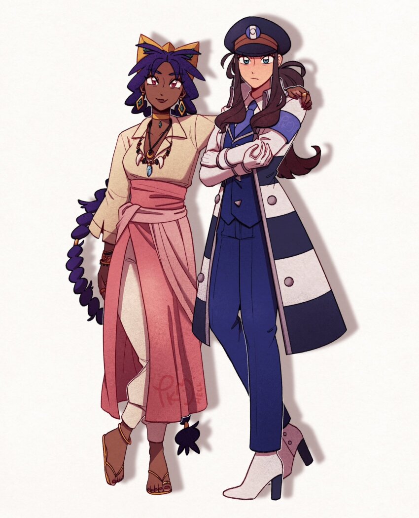 2girls aged_up black_hat blue_pants brown_hair buttons choker closed_mouth coat collared_shirt commentary dark-skinned_female dark_skin earrings english_commentary gloves hand_on_another&#039;s_shoulder hat high_heels highres hilda_(pokemon) iris_(pokemon) jewelry long_hair long_sleeves multi-tied_hair multiple_girls necklace necktie nintendo open_clothes open_coat pants pokemon pokemon_bw red_eyes ring sandals shirt sidelocks standing striped_coat submashell very_long_hair white_gloves white_shirt