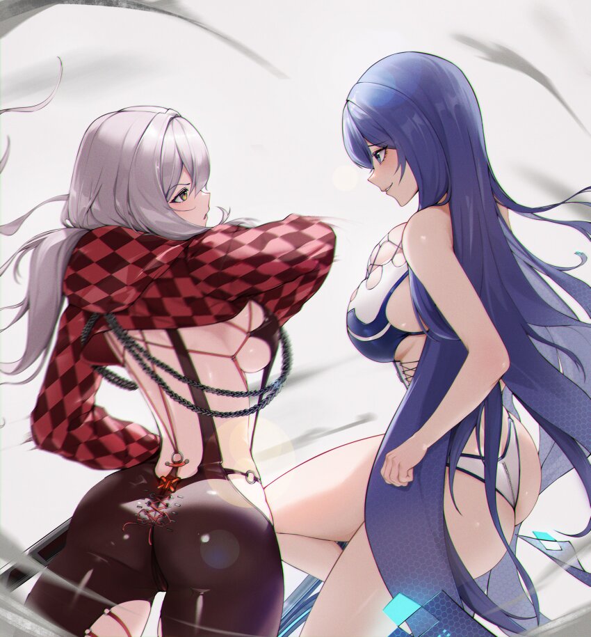 2girls absurdres ass body_chain bodysuit checkered_clothes checkered_shrug clothing_cutout elias2art goddess_of_victory:_nikke highres latex latex_bodysuit multiple_girls racer&#039;s_high_(stellar_blade) raven_(stellar_blade) red_shrug scarlet_(nikke) scarlet_(racer&#039;s_high)_(nikke) shift_up sideless_outfit stellar_blade thigh_cutout