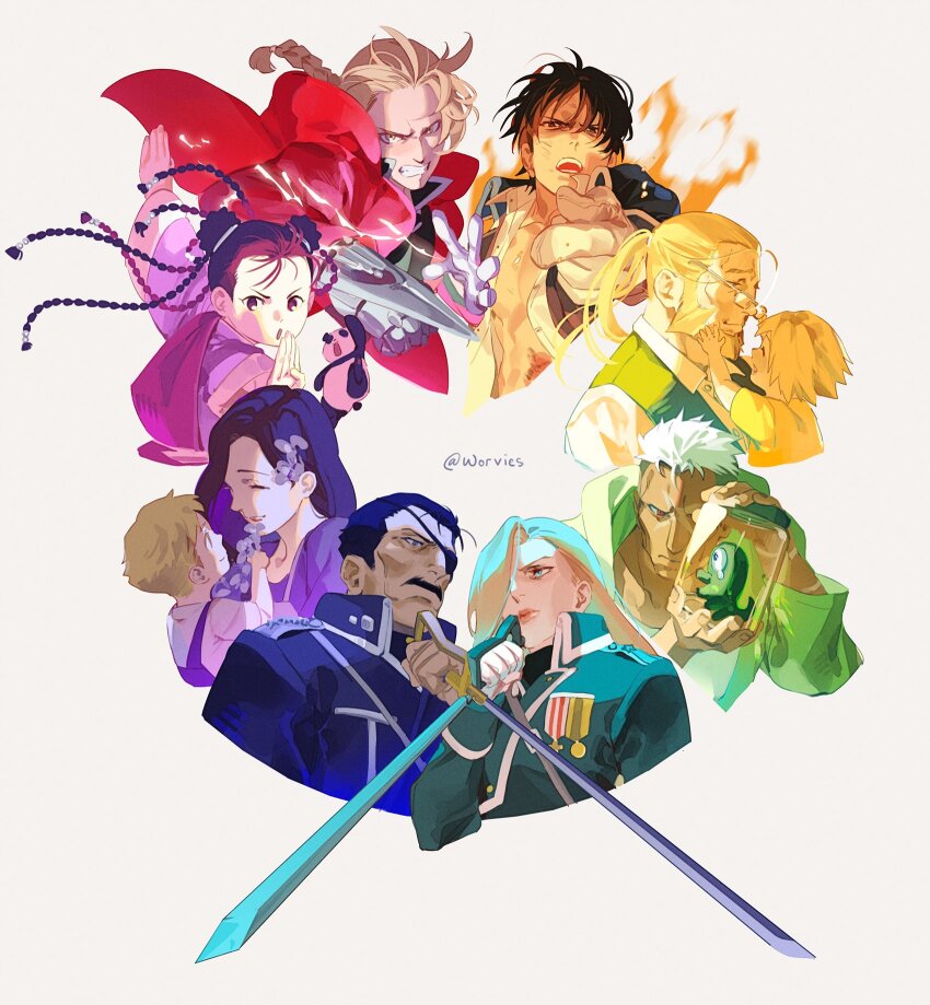3girls 6+boys alchemy alphonse_elric amestris_military_uniform beard black_eyes black_hair blonde_hair blue_eyes brothers brown_eyes chinese_clothes coat color_connection color_coordination color_wheel color_wheel_challenge dark-skinned_male dark_skin double_bun edward_elric eyepatch facial_hair father_and_son flower fullmetal_alchemist gloves grey-framed_eyewear hair_bun hair_over_one_eye happy highres holding holding_sword holding_weapon homunculus husband_and_wife king_bradley long_hair looking_at_viewer may_chang mechanical_arms military_uniform mother_and_son multiple_boys multiple_drawing_challenge multiple_girls mustache olivier_mira_armstrong ponytail purple_flower rapier red_coat red_eyes roy_mustang scar scar_(fma) scar_on_face short_hair siblings single_mechanical_arm smile snapping_fingers sword thick_lips trisha_elric upper_body van_hohenheim weapon white_gloves white_hair worvies xiao-mei yellow_eyes