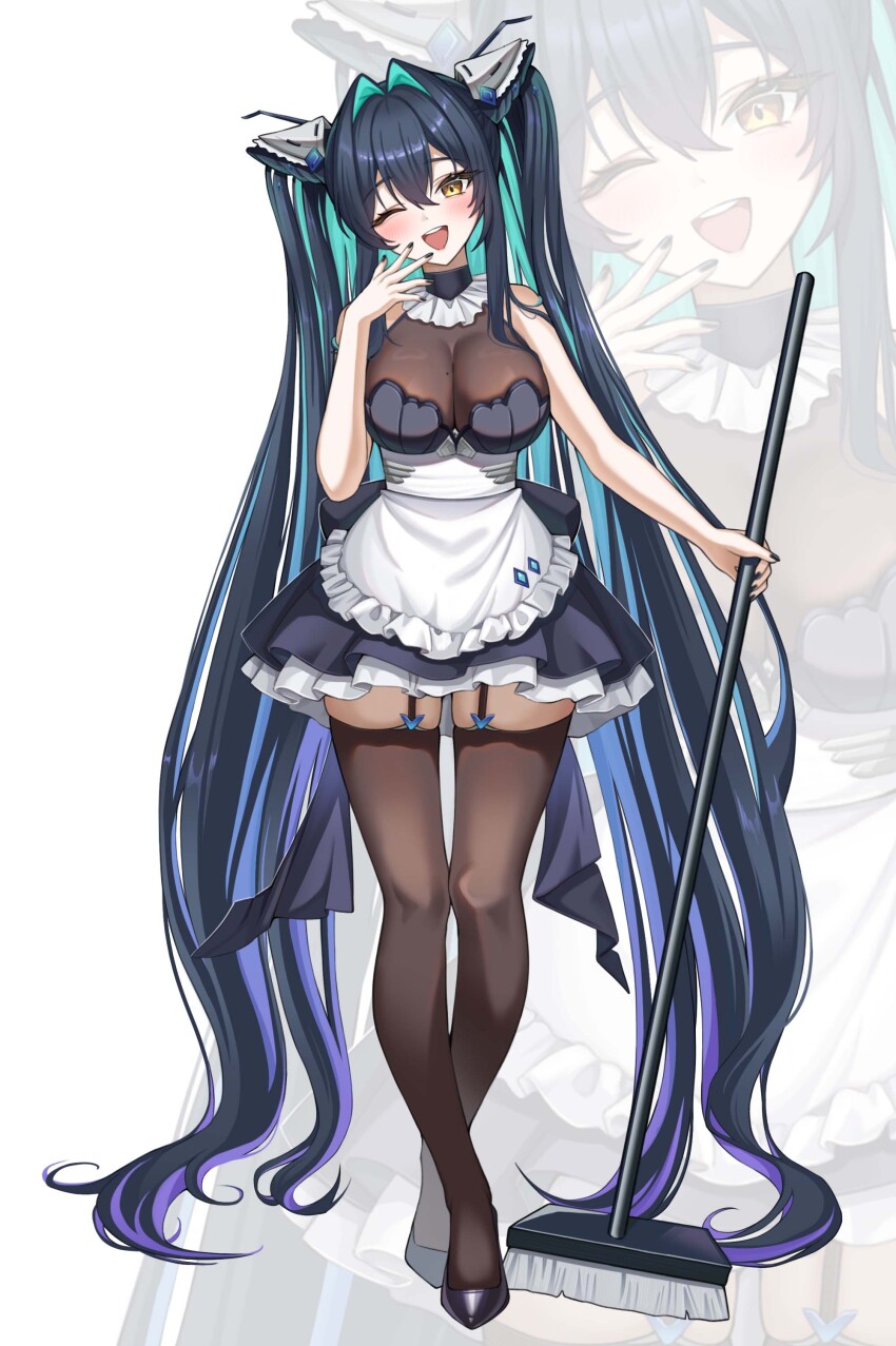 1girl absurdly_long_hair absurdres apron aqua_hair black_nails blush breasts commentary dress english_commentary frilled_apron frills full_body garter_straps goddess_of_victory:_nikke gradient_hair hair_intakes hand_up highres holding large_breasts little_mermaid_(nikke) long_hair looking_at_viewer mole mole_on_breast multicolored_hair nail_polish one_eye_closed open_mouth purple_hair see-through_cleavage see-through_clothes shoes simple_background smile standing teeth thighhighs thighs upper_teeth_only very_long_hair waist_apron white_apron white_background wol_(wol_927) zoom_layer