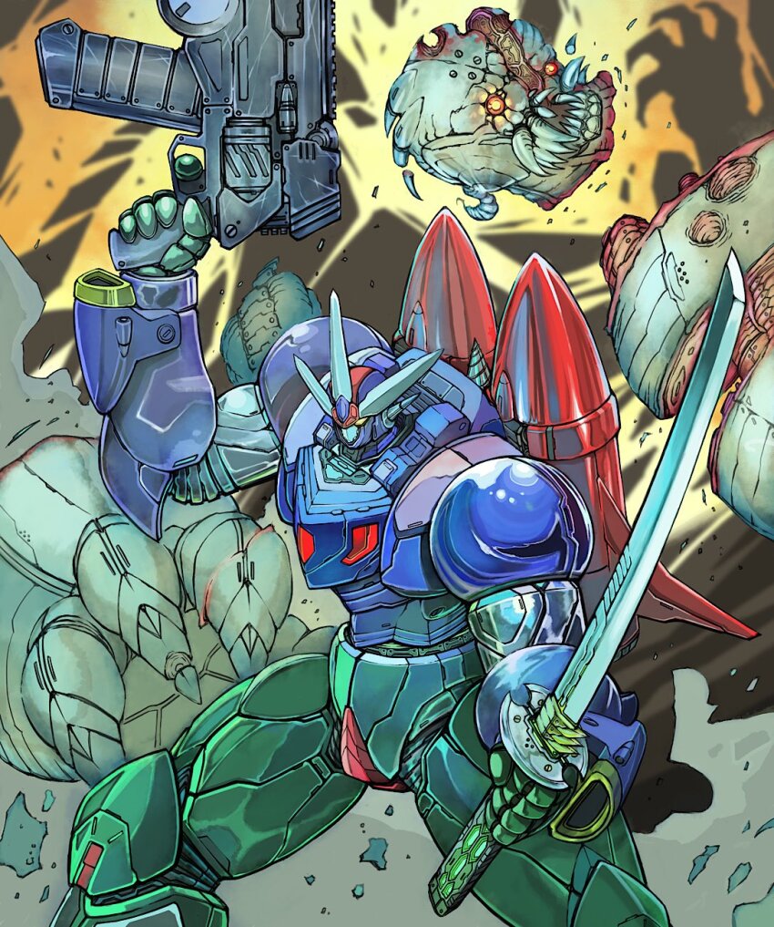 armor biomechanical blue_armor bullet_hole decapitation drill dual_wielding getter_go getter_robo getter_robo_go glowing glowing_eyes green_armor gun highres holding holding_gun holding_sword holding_weapon jetpack katana mecha mecha_focus monster multicolored_armor no_humans red_armor red_eyes robot science_fiction sharp_teeth sliced super_robot sword teeth thrusters weapon yamanushi yellow_eyes