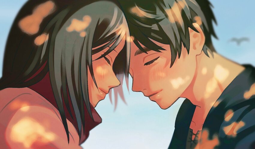 1boy 1girl adam&#039;s_apple alternate_hair_color black_hair closed_eyes commentary_request eren_yeager hetero highres llq9ull mikasa_ackerman red_scarf scarf shingeki_no_kyojin simple_bird tree_shade