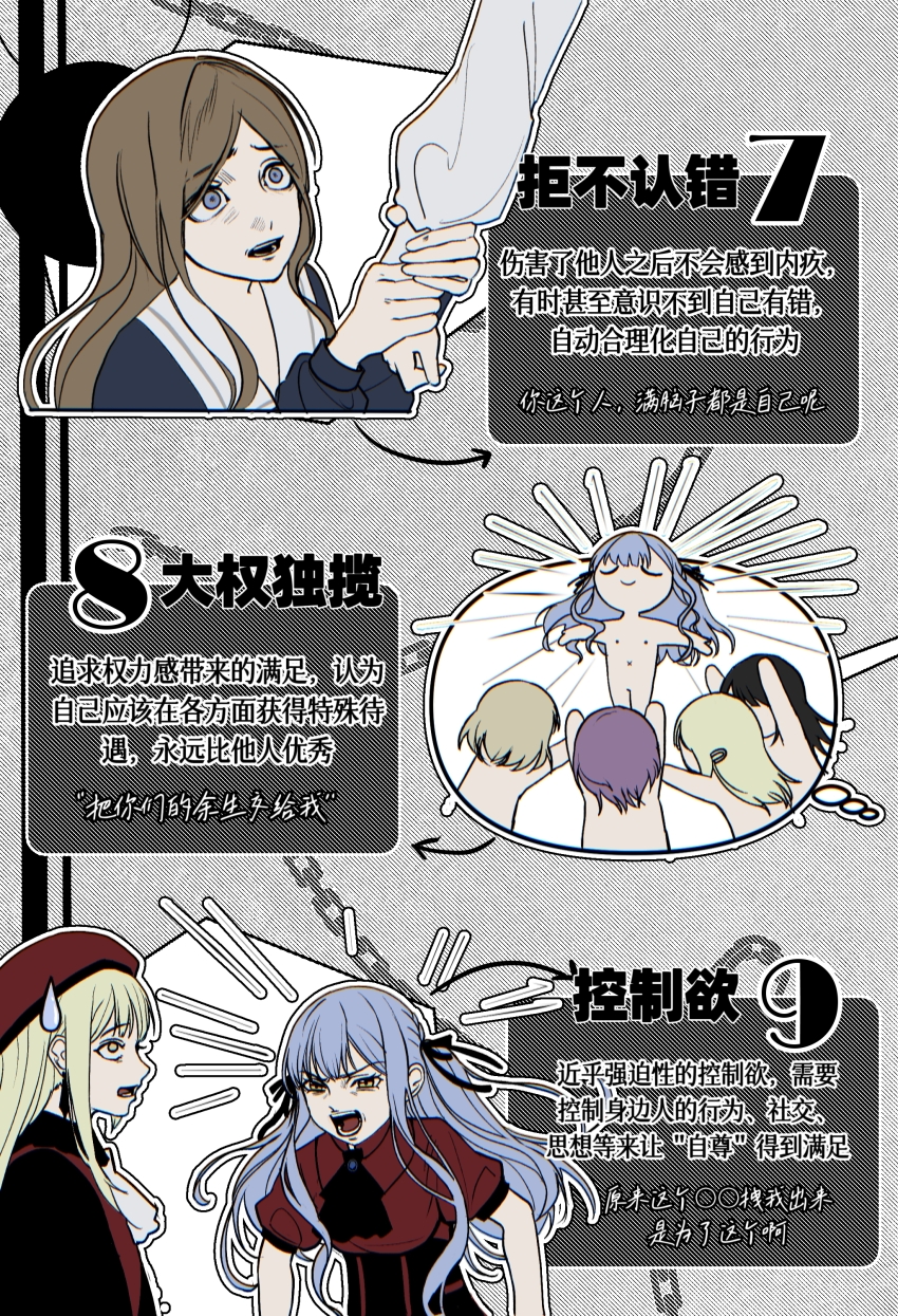 6+girls absurdres arrow_(symbol) ascot ave_mujica_(bang_dream!) bang_dream! bang_dream!_it&#039;s_mygo!!!!! beret black_ascot black_capelet black_corset black_hair black_ribbon blonde_hair blue_brooch blue_eyes blue_hair blue_shirt brown_hair capelet chain chinese_commentary chinese_text closed_eyes closed_mouth comedic_sweatdrop commentary_request completely_nude corset earrings floating_hair green_hair hair_ornament hair_ribbon hairpin hat highres holding holding_another&#039;s_wrist jewelry long_hair long_sleeves matojenmaasta misumi_uika mortis_(bang_dream!) mortis_(costume)_(bang_dream!) mortis_(persona)_(bang_dream!) multiple_girls nagasaki_soyo nipples nude numbered oblivionis_(bang_dream!) open_mouth outline outstretched_arms parted_bangs profile puffy_short_sleeves puffy_sleeves purple_hair red_hat reference_inset ribbon rolling_eyes sailor_collar school_uniform scolding shirt short_sleeves shout_lines simplified_chinese_text smile source_quote speech_bubble spoilers spread_arms teeth text_focus thought_bubble togawa_sakiko translation_request tsukinomori_school_uniform two-handed two_side_up u_u underbust v-shaped_eyebrows wakaba_mutsumi white_ascot white_outline white_sailor_collar wide-eyed winter_uniform x_navel yahata_umiri yellow_eyes yuutenji_nyamu