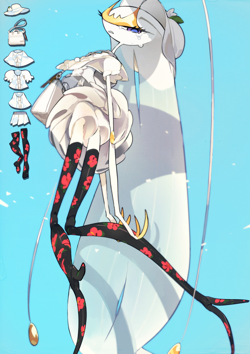 1girl absurdly_long_hair angry animal_hands antennae arthropod_girl bag black_thighhighs blue_background blue_pupils clenched_teeth clothed_pokemon colored_skin dress-up fake_screenshot female_focus floral_print_thighhighs flower frilled_shirt frilled_sleeves frills from_behind full_body gen_7_pokemon handbag hat hat_flower idkuroi joints legs long_hair long_legs nintendo pheromosa pokemon pokemon_(creature) purple_eyes shirt short_sleeves simple_background solo standing sun_hat tears teeth thighhighs translucent_hair ultra_beast upshorts very_long_hair white_flower white_hair white_hat white_shirt white_skin