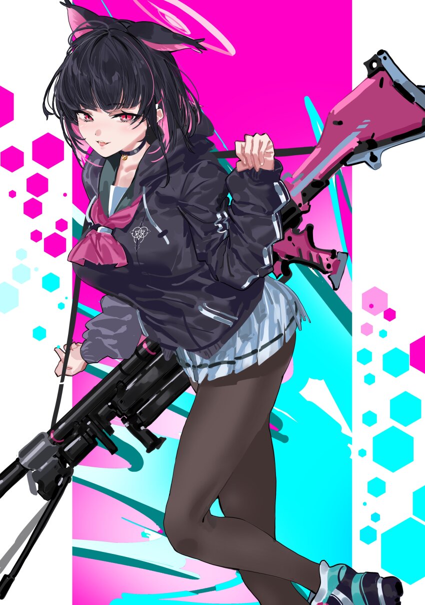 1girl absurdres animal_ears black_hair black_hoodie black_pantyhose blue_archive blush bren_lmg cat_ears cat_girl colored_inner_animal_ears colored_inner_hair green_sailor_collar gun hair_between_eyes highres holding holding_gun holding_weapon hood hoodie kazukingu kazusa_(blue_archive) light_machine_gun long_hair looking_at_viewer machine_gun multicolored_hair open_mouth pantyhose pink_eyes pink_ribbon ribbon sailor_collar sidelocks skirt weapon white_skirt
