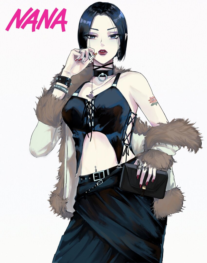 1girl bag bare_shoulders belt black_belt black_boots black_bustier black_collar black_eyes black_hair black_skirt boots bracelet breasts brown_jacket bustier character_name cigarette collar collarbone commentary cowboy_shot earrings fur-trimmed_jacket fur_trim grey_bag hand_up handbag hashtag-only_commentary henoopd highres holding holding_bag holding_cigarette jacket jewelry looking_at_viewer midriff nana_(series) navel_piercing necklace osaki_nana parted_lips piercing red_lips red_nails shoulder_tattoo simple_background skirt small_breasts spiked_bracelet spikes tattoo white_background