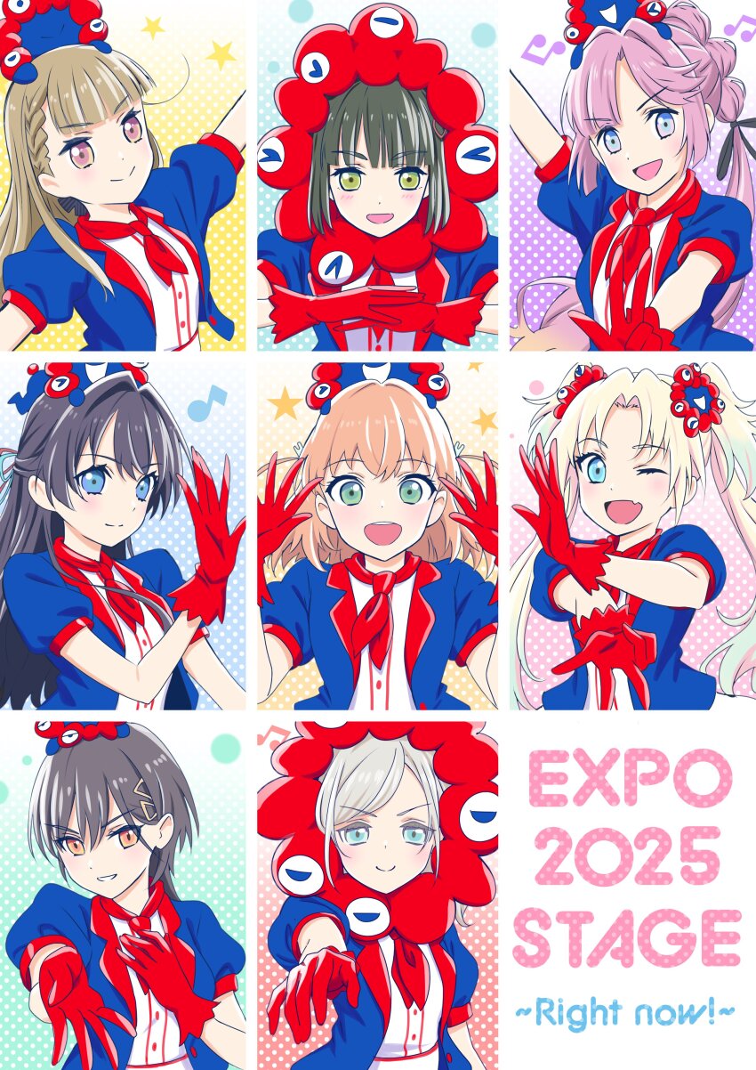 &gt;:) 6+girls :d ;d absurdres anyoji_hime black_hair black_ribbon blonde_hair blue_eyes blue_hair blue_jacket braid brown_hair center-flap_bangs ceras_yanagida_lilienfeld commentary_request curtained_hair expo2025 fang gloves gradient_hair green_eyes green_hair grey_hair hagisiri_kuma hair_intakes hair_ornament hair_ribbon half_updo highres hinoshita_kaho jacket jellyfish_cut kachimachi_kosuzu katsuragi_izumi long_hair looking_at_viewer medium_hair momose_ginko multi-tied_hair multicolored_hair multiple_girls murano_sayaka myaku-myaku official_alternate_costume one_eye_closed open_clothes open_hands open_jacket open_mouth orange_hair osawa_rurino pink_eyes pink_hair ponytail puffy_short_sleeves puffy_sleeves rabbit_hair_ornament red_gloves ribbon short-sleeved_jacket short_sleeves side_braids skin_fang smile triangle_hair_ornament two_side_up v-shaped_eyebrows
